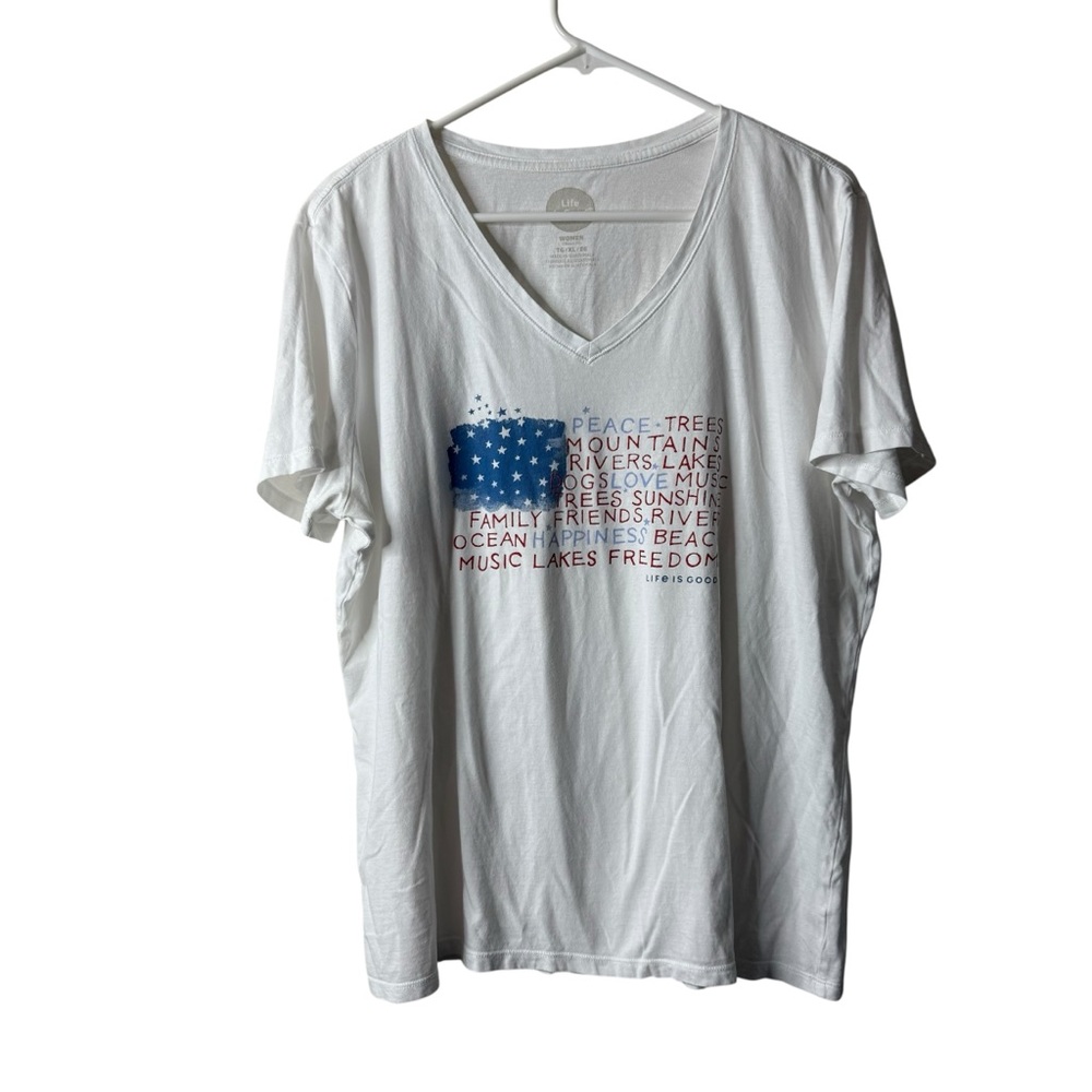 Life is Good White Red Blue Flag USA Patriotic Graphic Short Sleeve Tee T-shirt